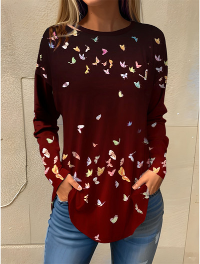 Dámske tričko s motýľovou potlačou, modrá mikina s dlhým rukávom, módny výstrih do O, regulárny strih, maľba na motýle, jar a jeseň 2023