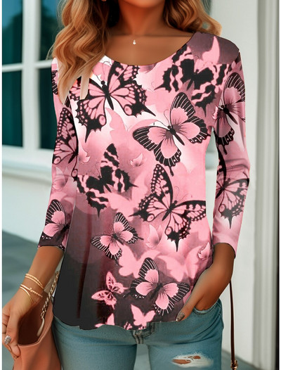 Dámske tričko s motýľovou potlačou, modrá mikina s dlhým rukávom, módny výstrih do O, regulárny strih, maľba na motýle, jar a jeseň 2023