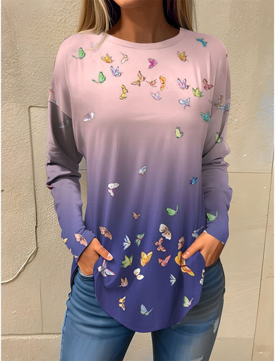 Dámske tričko s motýľovou potlačou, modrá mikina s dlhým rukávom, módny výstrih do O, regulárny strih, maľba na motýle, jar a jeseň 2023