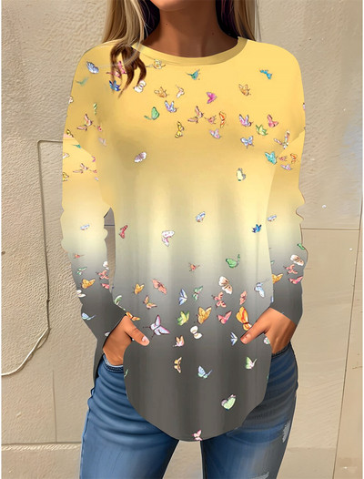 Dámske tričko s motýľovou potlačou, modrá mikina s dlhým rukávom, módny výstrih do O, regulárny strih, maľba na motýle, jar a jeseň 2023