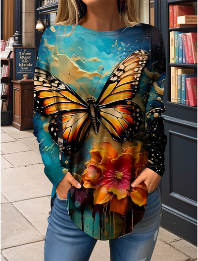 Dámske tričko s motýľovou potlačou, modrá mikina s dlhým rukávom, módny výstrih do O, regulárny strih, maľba na motýle, jar a jeseň 2023