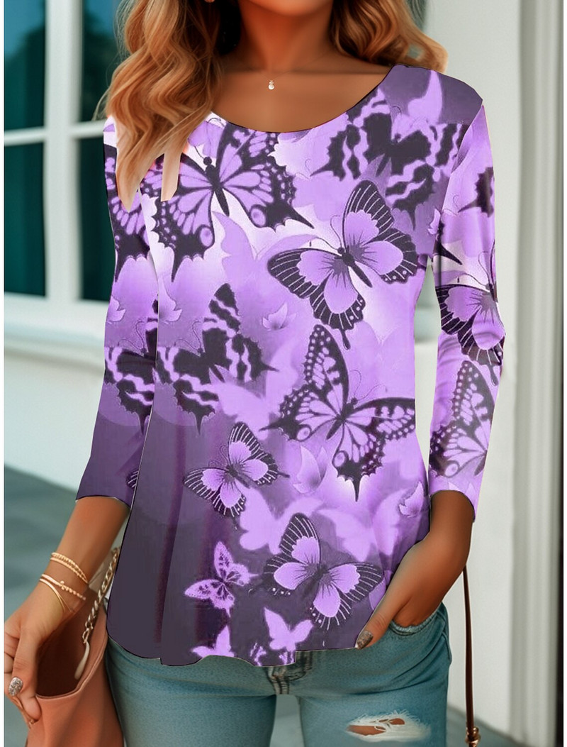 Dámske tričko s motýľovou potlačou, modrá mikina s dlhým rukávom, módny výstrih do O, regulárny strih, maľba na motýle, jar a jeseň 2023