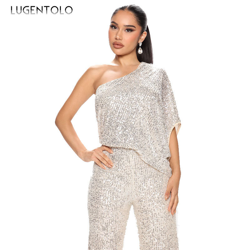 Dámske flitrované sexy overaly s jedným ramenom a bez rukávov, párty, šikmý golier, dáma, jarná jeseň, móda, ležérny dlhý overal