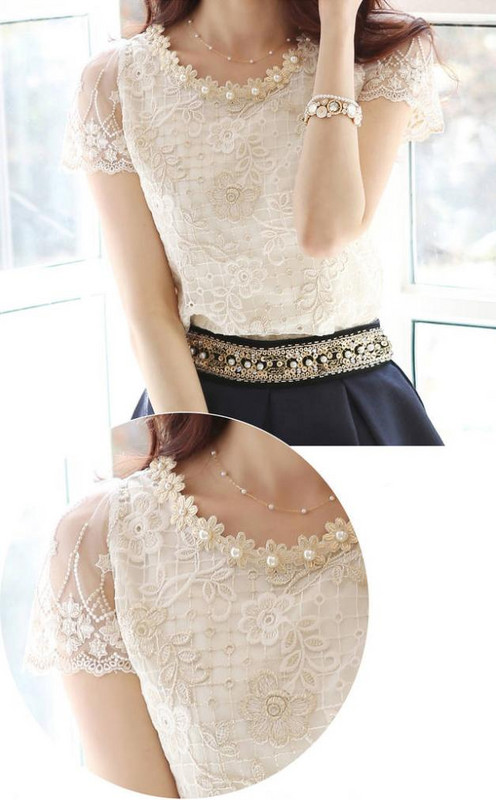 moda Ljeto Nova ponuda Ženska košulja od šifona Čipkani vrh s perlama izvezen o-izrez Ženske bluze Bluza S-XXXL