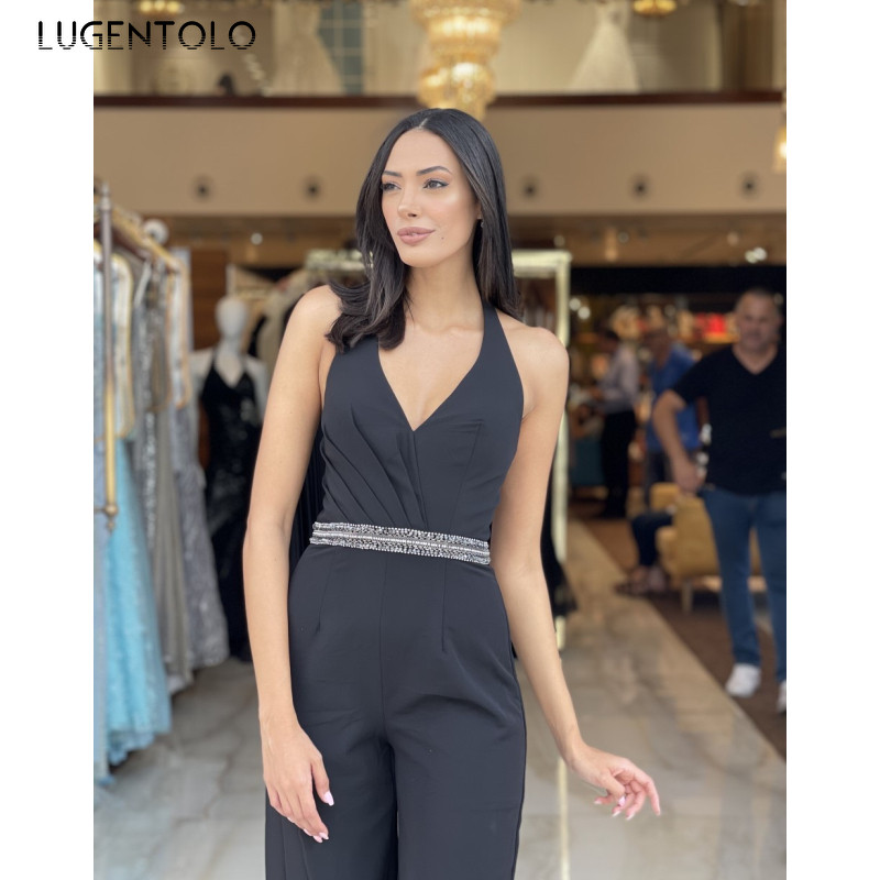 Salopete sexy pentru femei, fără mâneci, cu decolteu în V, solid, subțiri, de vară, pantaloni casual, pantaloni largi