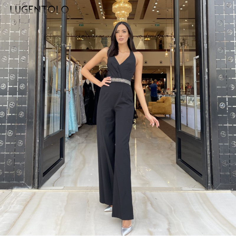 Salopete sexy pentru femei, fără mâneci, cu decolteu în V, solid, subțiri, de vară, pantaloni casual, pantaloni largi