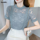 Ljetne bijele čipkane majice Ženske 2023. Seksi korejska modna odjeća Izdubljene Blusas Mujer Tanke ženske ležerne bluze Šifonske košulje