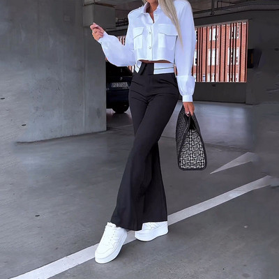 Dámska dvojdielna súprava Wefads, jesenná kancelárska jednoduchá pevná klopa s dlhým rukávom, jednoradové gombíkové tričko s topom, voľné nohavice