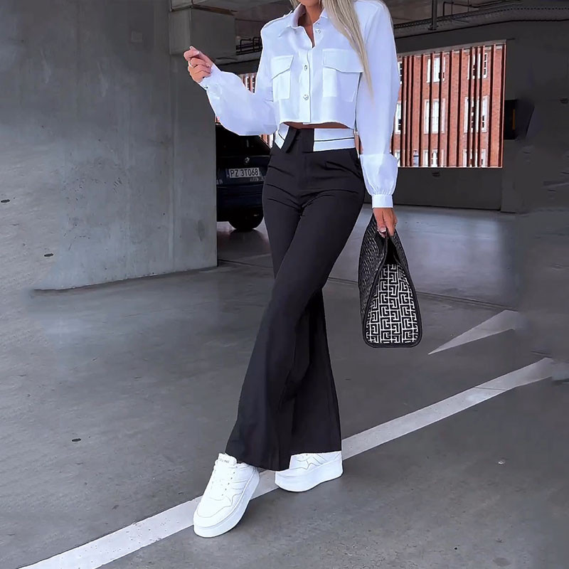 Dámska dvojdielna súprava Wefads, jesenná kancelárska jednoduchá pevná klopa s dlhým rukávom, jednoradové gombíkové tričko s topom, voľné nohavice