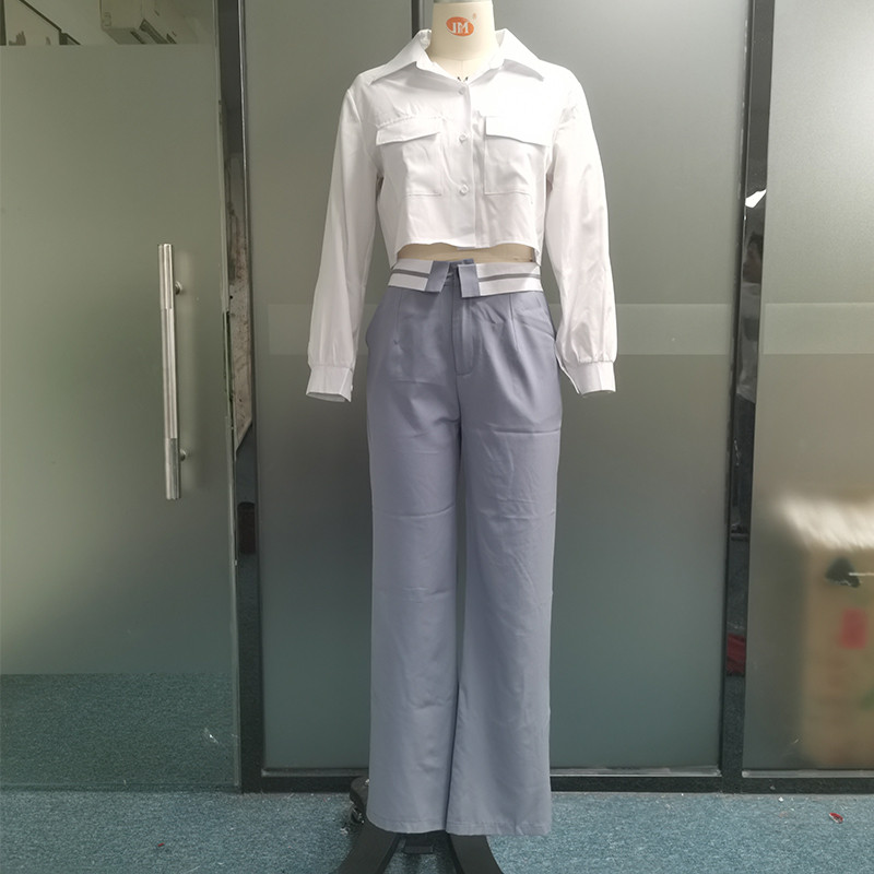 Dámska dvojdielna súprava Wefads, jesenná kancelárska jednoduchá pevná klopa s dlhým rukávom, jednoradové gombíkové tričko s topom, voľné nohavice