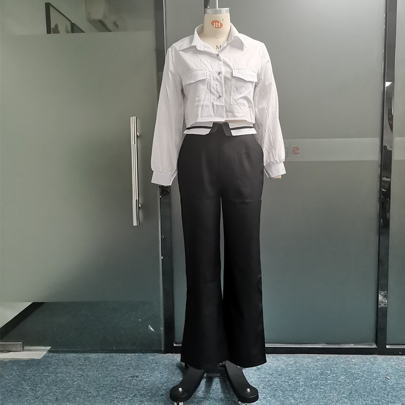 Dámska dvojdielna súprava Wefads, jesenná kancelárska jednoduchá pevná klopa s dlhým rukávom, jednoradové gombíkové tričko s topom, voľné nohavice