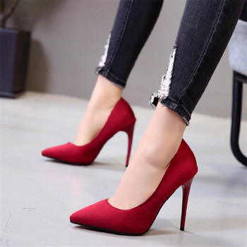 Plus Size 35-44 Concise Flock Παπούτσια Γραφείου Ρηχά Φθινοπωρινά σέξι ψηλοτάκουνα γυναικεία παπούτσια με μυτερή μύτη Μαύρα κόκκινα γυναικεία παπούτσια γάμου