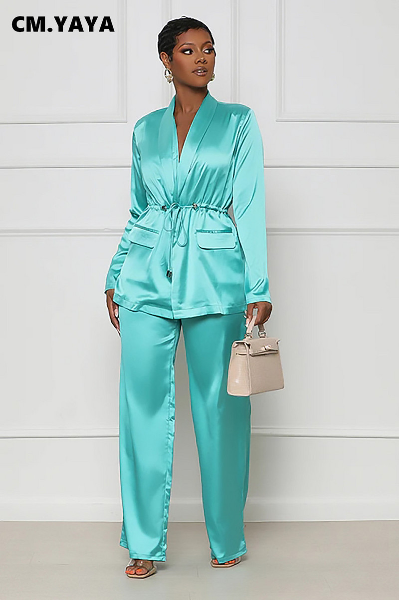 CM.YAYA Ženska modna satenska pidžama komplet proljeće ljeto 2023. INS odijelo s ravnim hlačama i dvodijelna košulja s urezanim ovratnikom