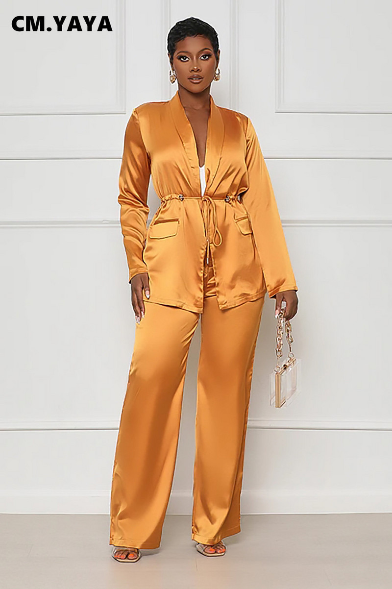 CM.YAYA Ženska modna satenska pidžama komplet proljeće ljeto 2023. INS odijelo s ravnim hlačama i dvodijelna košulja s urezanim ovratnikom