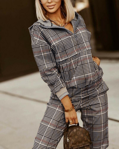 Costum din două piese pentru damă, cu imprimeu cu carouri, cu glugă, buzunar, jachetă cu mâneci lungi, talie, pantaloni drepti, costum din două piese