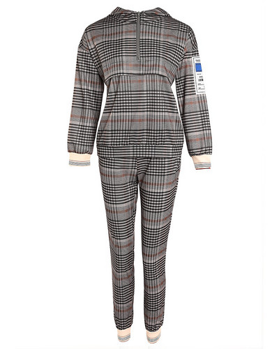 Costum din două piese pentru damă, cu imprimeu cu carouri, cu glugă, buzunar, jachetă cu mâneci lungi, talie, pantaloni drepti, costum din două piese