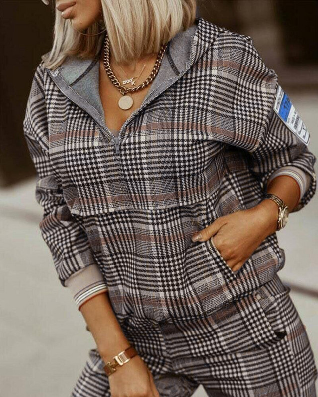 Žensko dvodijelno modno karirano odijelo s kapuljačom i džepom, jakna dugih rukava, ravne hlače do struka, dvodijelno odijelo