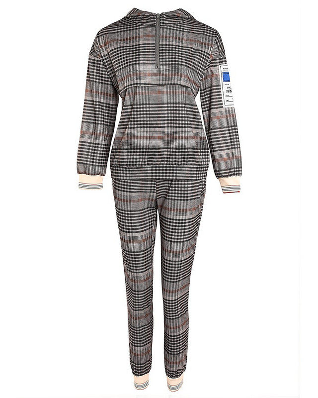 Žensko dvodijelno modno karirano odijelo s kapuljačom i džepom, jakna dugih rukava, ravne hlače do struka, dvodijelno odijelo