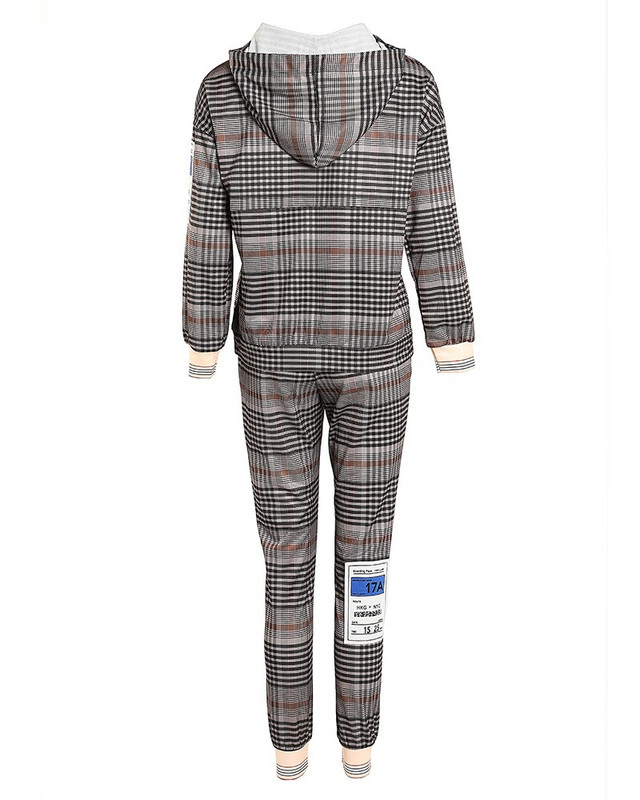 Žensko dvodijelno modno karirano odijelo s kapuljačom i džepom, jakna dugih rukava, ravne hlače do struka, dvodijelno odijelo