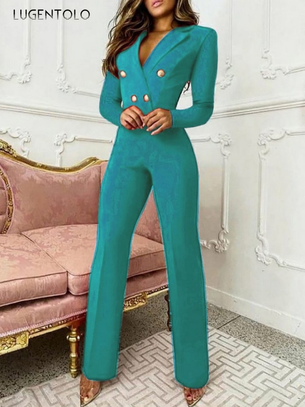 Salopetă de birou pentru femei, cu mânecă lungă, slim, cu rever, de primăvară, de toamnă, elegantă, cu nasturi, la modă, ocazional, cu talie înaltă