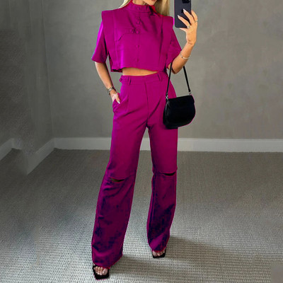 LIYONG ženski dvodijelni set, ljetna moda, jednobojni, okrugli izrez, kratki rukavi, široki top, ležerni s džepovima, kompleti hlača visoke ulične odjeće