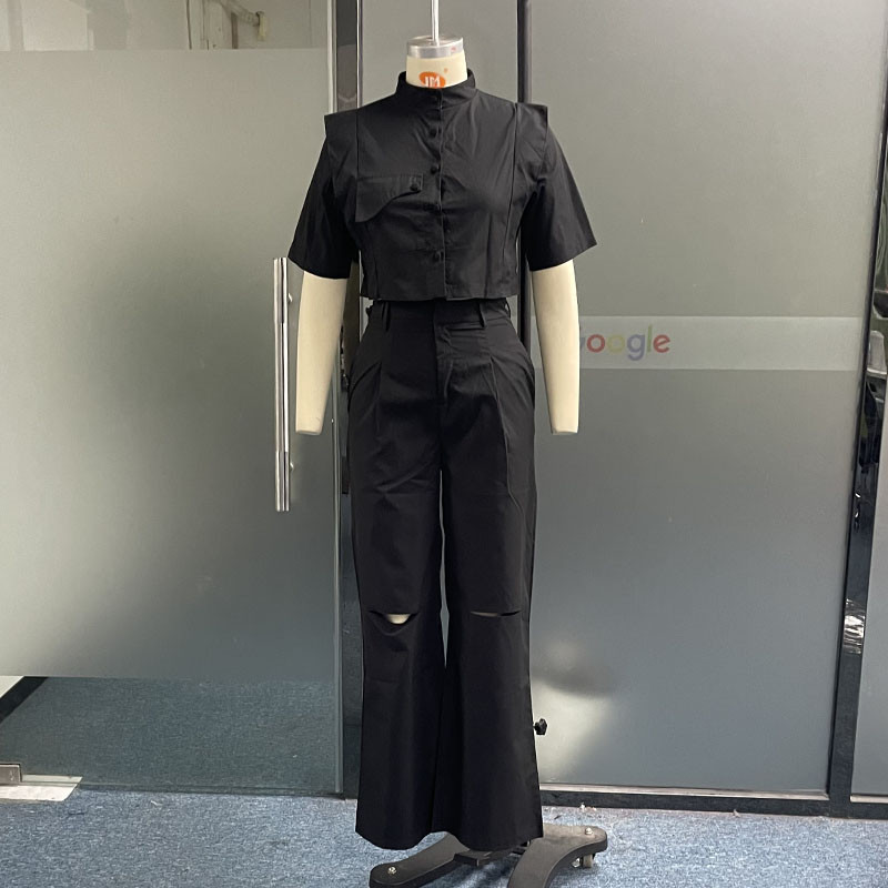 LIYONG ženski dvodijelni set, ljetna moda, jednobojni, okrugli izrez, kratki rukavi, široki top, ležerni s džepovima, kompleti hlača visoke ulične odjeće