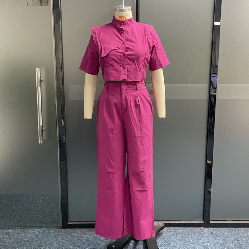 LIYONG ženski dvodijelni set, ljetna moda, jednobojni, okrugli izrez, kratki rukavi, široki top, ležerni s džepovima, kompleti hlača visoke ulične odjeće