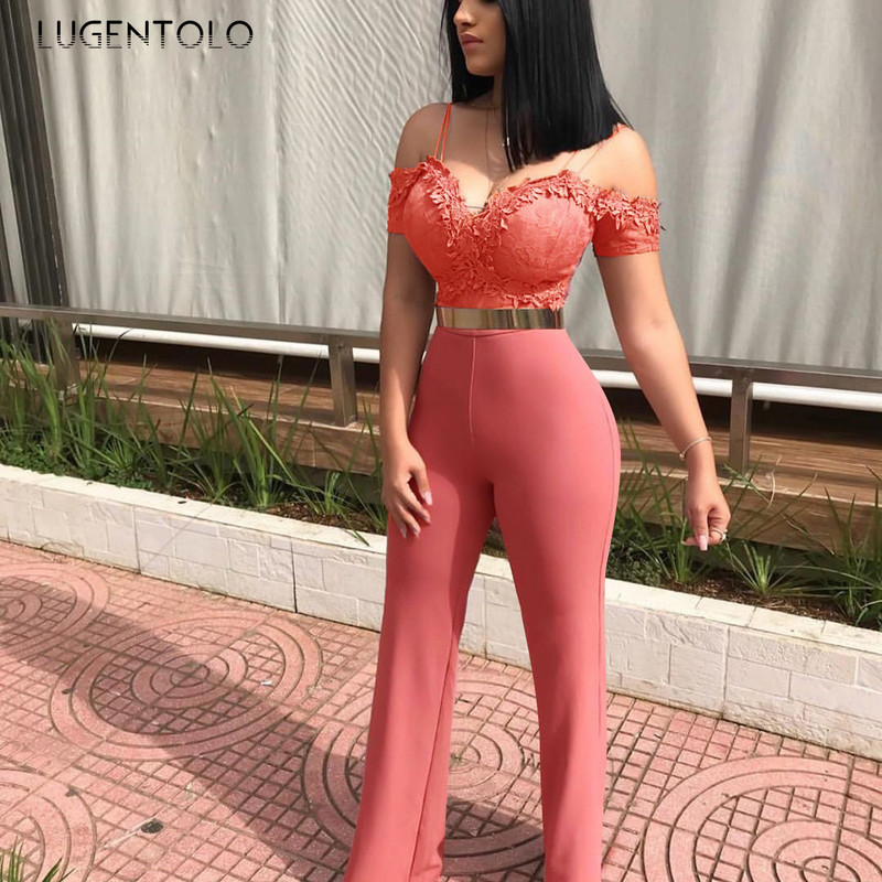 Dámsky úzky overal s krátkym rukávom, ležérny, špagetový ramienok, módny, sexy, čipkovaný, nočný klub, dámsky overal s aplikáciou, Lugentolo