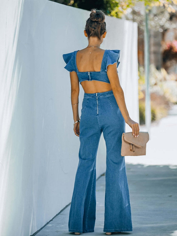 Salopete sexy cu gât rotund Femei Volane albastre Fără mâneci Subțire cu talie înaltă Damă elasticitate Denim High Street Pantaloni largi