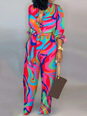 Ženski modni, elegantni kombinezon dugih rukava, proljetni print s V-izrezom i gumbima, ravna ležerna odjeća visokog struka