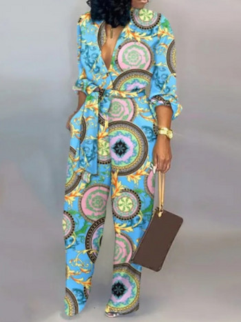 Дамски моден елегантен гащеризон с дълъг ръкав, пролетен принт с V-образно деколте и копчета, прави ежедневни дрехи с висока талия