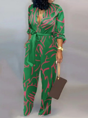 Κομψή γυναικεία φόρμα με μακρυμάνικο άνοιξη με λαιμόκοψη με κουμπάκι με ψηλόμεσο ίσιο casual ρούχα
