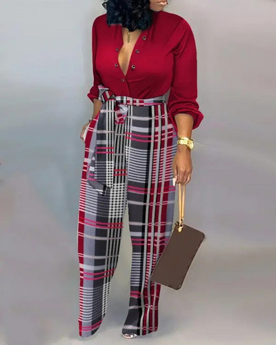 Ženski modni, elegantni kombinezon dugih rukava, proljetni print s V-izrezom i gumbima, ravna ležerna odjeća visokog struka