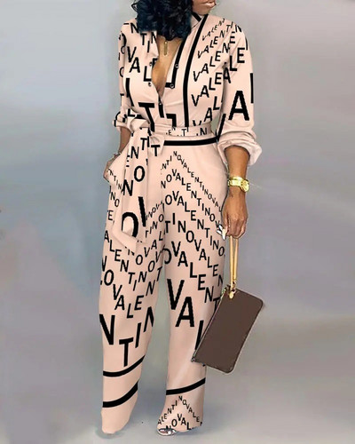 Ženski modni, elegantni kombinezon dugih rukava, proljetni print s V-izrezom i gumbima, ravna ležerna odjeća visokog struka