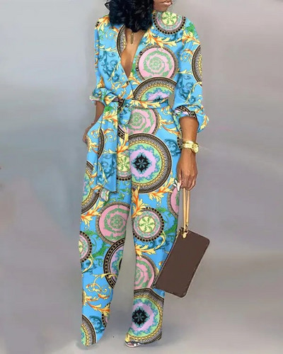 Ženski modni, elegantni kombinezon dugih rukava, proljetni print s V-izrezom i gumbima, ravna ležerna odjeća visokog struka