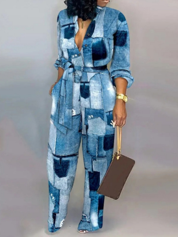 Ženski modni, elegantni kombinezon dugih rukava, proljetni print s V-izrezom i gumbima, ravna ležerna odjeća visokog struka