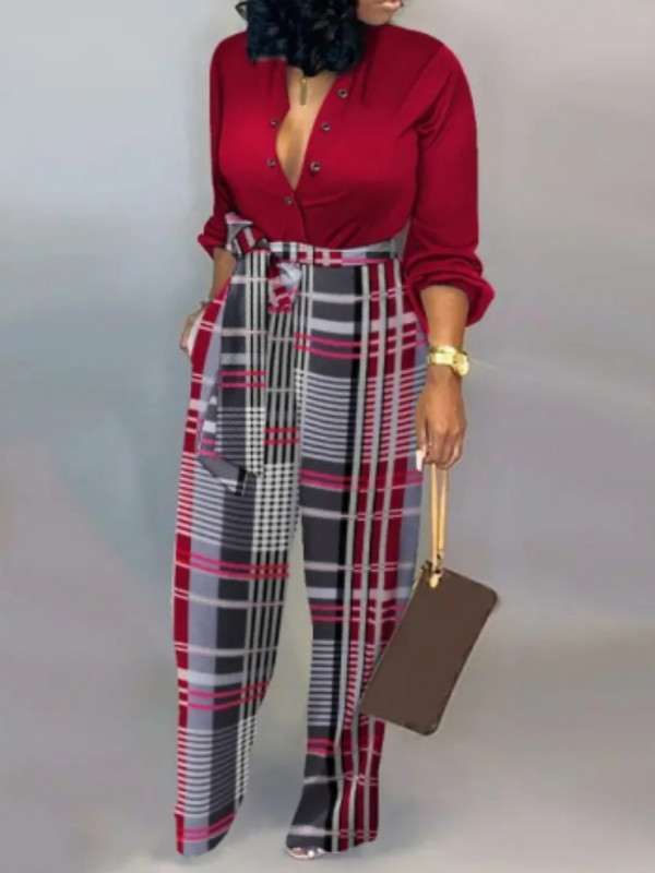 Ženski modni, elegantni kombinezon dugih rukava, proljetni print s V-izrezom i gumbima, ravna ležerna odjeća visokog struka