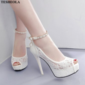Nové platformové sexi čipkované dámske lodičky s otvorenou špičkou, biele ružové, módne krištáľové pracky, vysoký podpätok 12 cm, svadobné topánky pre ženy 2023