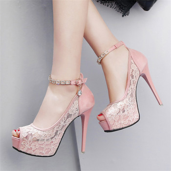 Νέα πλατφόρμα σέξι δαντέλα Peep toe γυναικείες αντλίες Λευκό ροζ μόδας κρυστάλλινη πόρπη ψηλοτάκουνο 12cm Νυφικά Γυναικεία Φόρεμα 2023