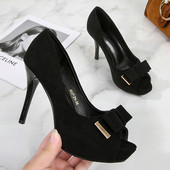 Dámske topánky s kovovou mašľou, jeseň 2023, jednofarebné, s otvorenou špičkou, vysoké podpätky, kancelárske lodičky, čierne, dámske, na platforme, sexi, párty topánky