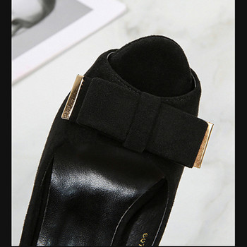 Γυναικεία παπούτσια με μεταλλικό παπιγιόν 2023 Φθινόπωρο Solid Flock Peep Toe Ψηλοτάκουνα Pumps γραφείου Μαύρα γυναικεία σέξι παπούτσια για πάρτι