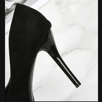 Модни дамски обувки с метален бантик, есен 2023 г., плътни флокови обувки с високи токчета, офис помпи, черни дамски секси парти обувки на платформа