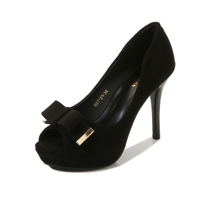 Dámske topánky s kovovou mašľou, jeseň 2023, jednofarebné, s otvorenou špičkou, vysoké podpätky, kancelárske lodičky, čierne, dámske, na platforme, sexi, párty topánky