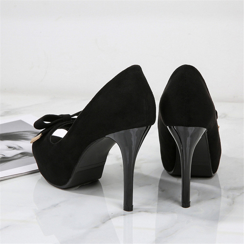 Dámske topánky s kovovou mašľou, jeseň 2023, jednofarebné, s otvorenou špičkou, vysoké podpätky, kancelárske lodičky, čierne, dámske, na platforme, sexi, párty topánky