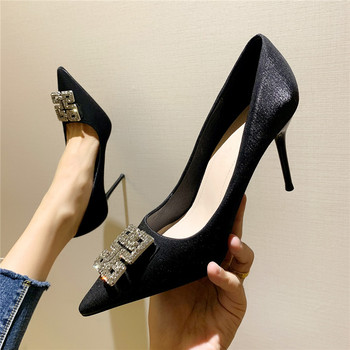 Меки копринени дамски обувки с високи токчета, черно злато, 2023, есен, кристални кристали, елегантни дамски обувки с високи токчета, парти обувки