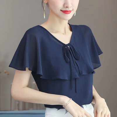 Elegantná blúzka s výstrihom do V, volánikmi, šnurovaním a mašľou, nadrozmerná šifónová blúzka, leto 2022, nové ležérne pulóvre, voľné dámske oblečenie na dochádzanie