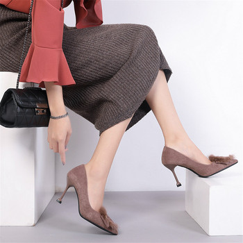 2023 Κορεατικής μόδας μεταλλική πόρπη Ρηχά ψηλοτάκουνα παπούτσια για γυναίκες με μυτερά δάχτυλα 6/9cm Ψηλά τακούνια Solid Flock Γυναικείες αντλίες γραφείου