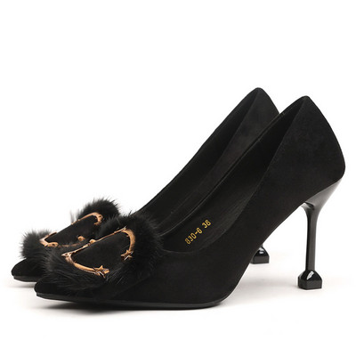 2023. Korejske modne cipele s plitkim visokim potpeticama s metalnom kopčom za žene 2023., ženske uredske cipele sa šiljatim prstima, visoke potpetice 6/9 cm, jednobojne ženske uredske cipele