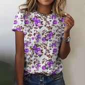 Tricou de damă la modă de vară tricouri cu mânecă scurtă Topuri cu imprimeu floral 3D cu gâtul O tricou casual pentru haine Y2k cu flori de trandafir pentru femei