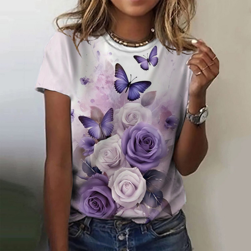 Tricou de damă la modă de vară tricouri cu mânecă scurtă Topuri cu imprimeu floral 3D cu gâtul O tricou casual pentru haine Y2k cu flori de trandafir pentru femei